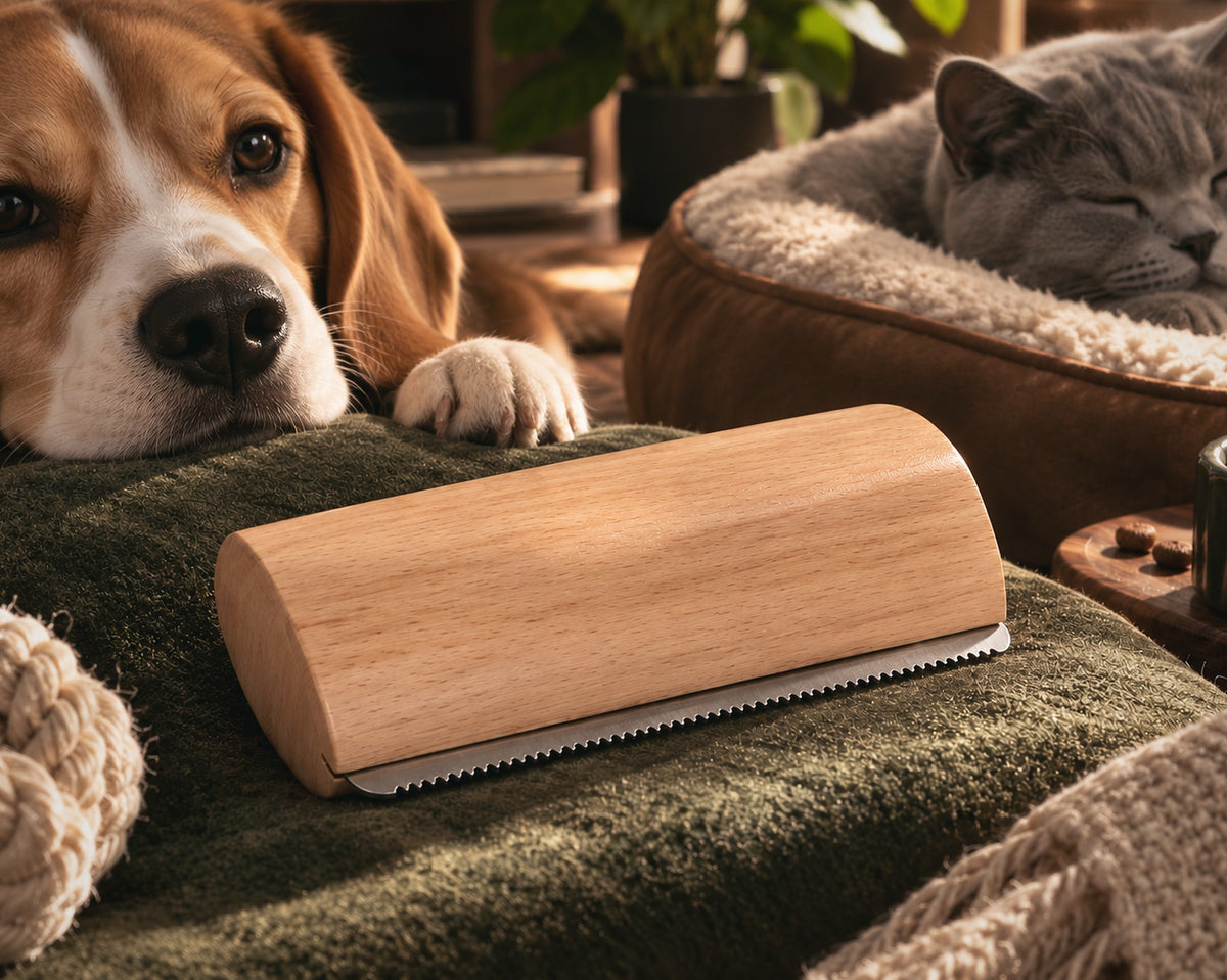 Peigne anti-poils courts Large en bois naturel Wood&Fur sur un coussin en velours vert, avec un beagle et un chat British Shorthair