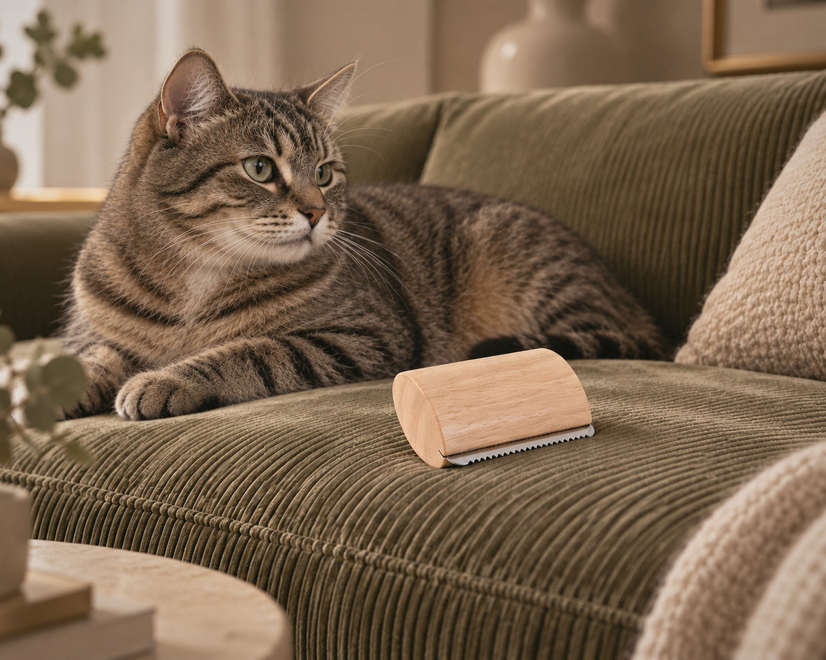 Peigne anti-poils courts Small en bois naturel Wood&Fur sur un canapé en velours côtelé, à côté d'un chat tigré à poil court