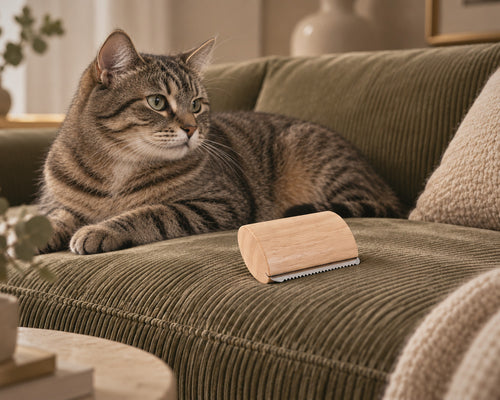 Peigne anti-poils courts Small en bois naturel Wood&Fur sur un canapé en velours côtelé, à côté d'un chat tigré à poil court
