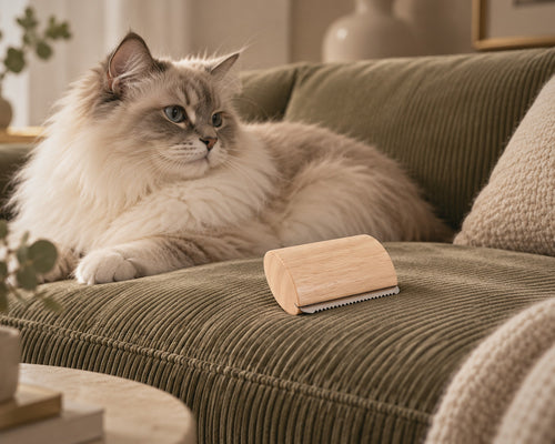 Peigne anti-poils courts Small en bois naturel Wood&Fur posé sur un canapé en velours côtelé vert, à côté d'un chat à poils longs