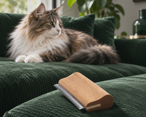 Peigne anti-poils longs Large en bois naturel Wood&Fur sur un canapé en velours côtelé vert forêt, avec un chat à poils longs
