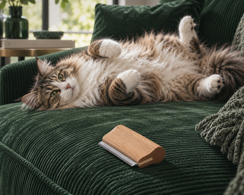 Peigne anti-poils longs Small en bois naturel Wood&Fur sur un canapé en velours côtelé vert forêt, avec un chat à poils longs